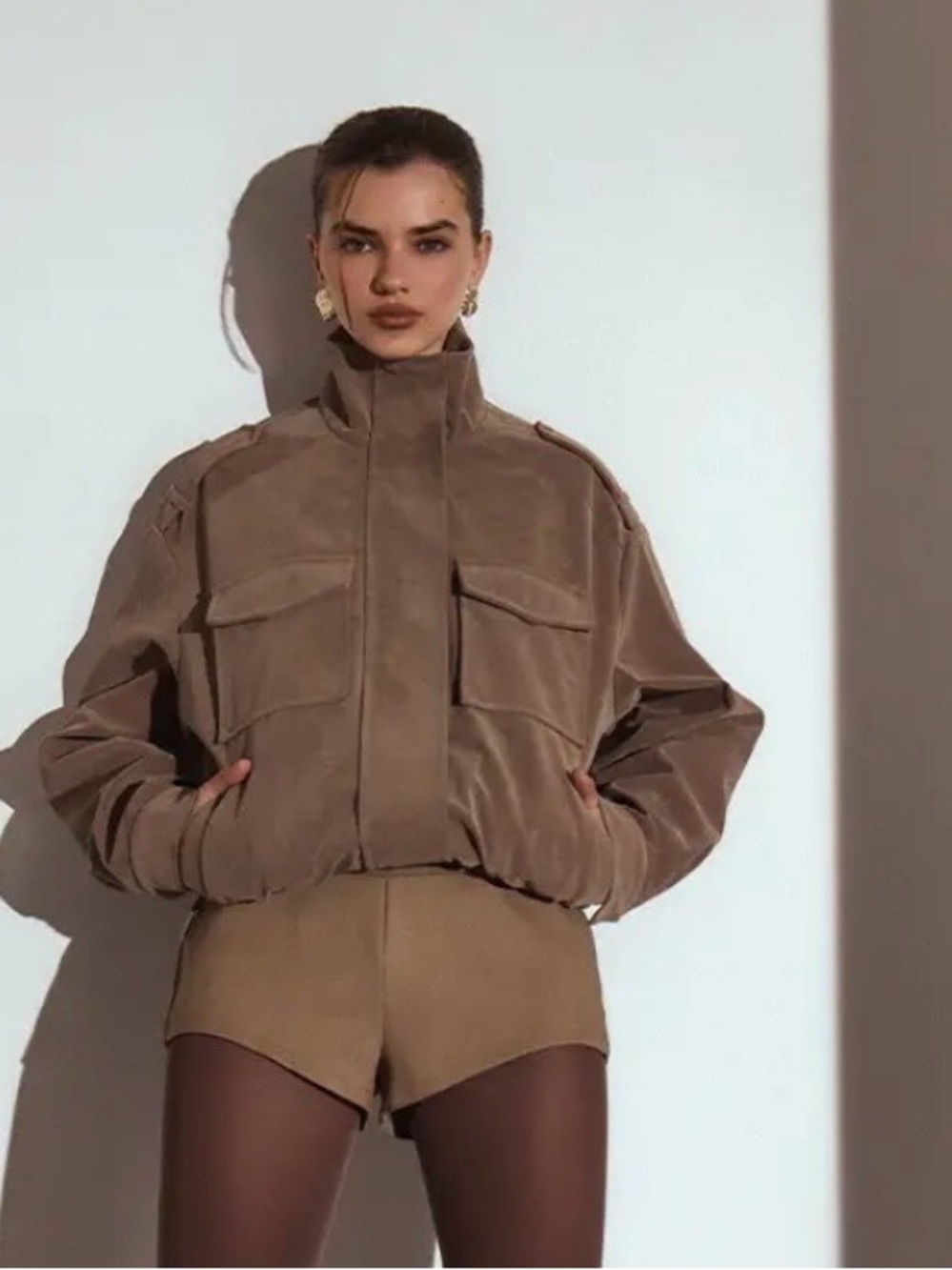 PrettyLittleThing mushroom Funnel Neck Utility Bomber Jacket - Picture 2 of 7